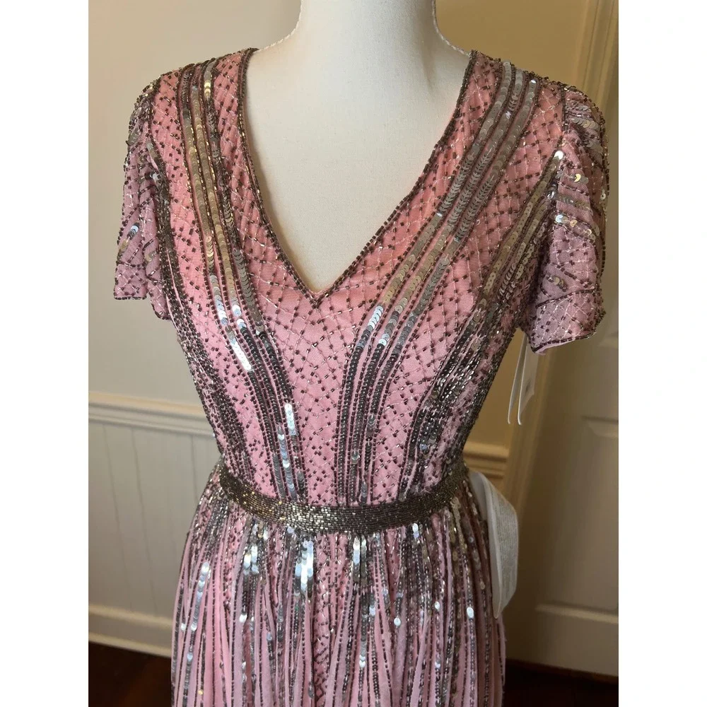 Mac Duggal 70108 Rose Pink Sequin Beaded Flutter Sleeve V-Neck Gown Dress size 4 - Picture 8 of 14